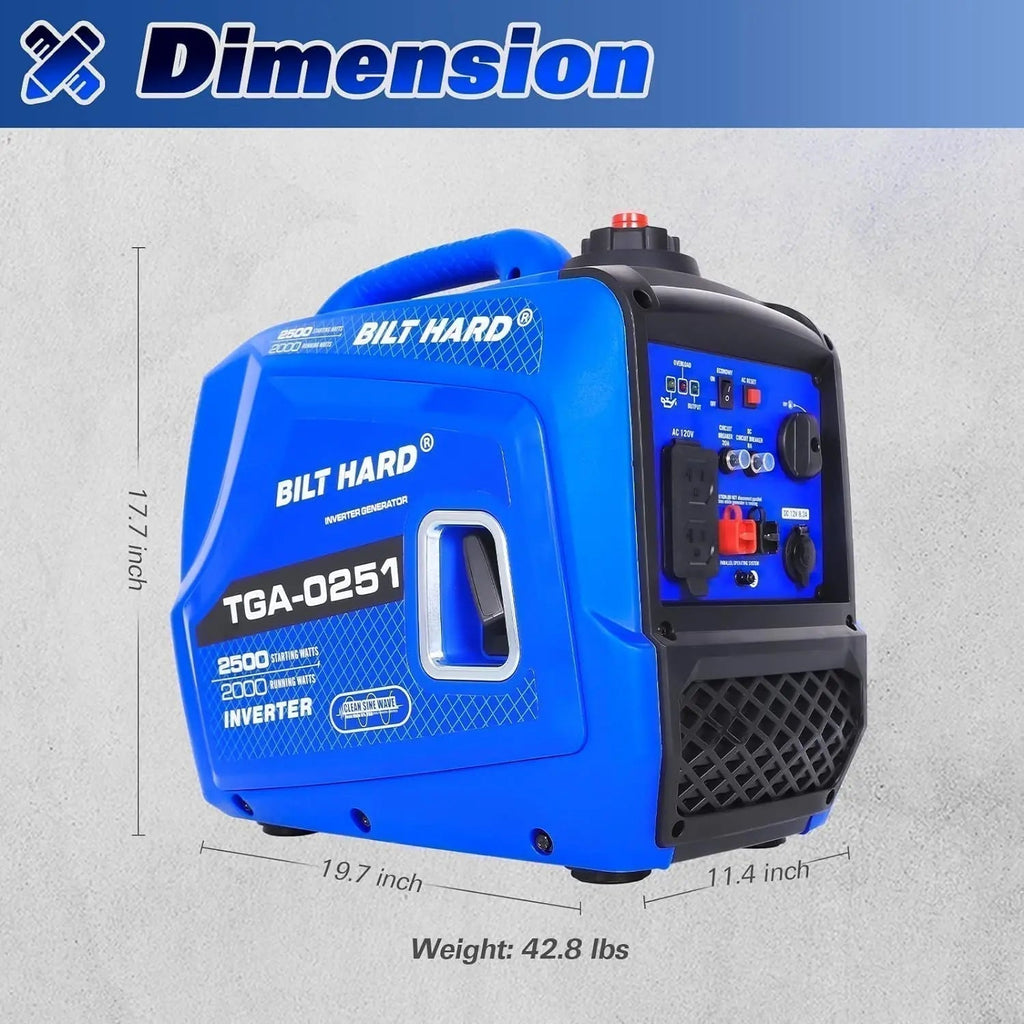BILT HARD Generator 2500 Watt, Quiet Inverter Portable Generator 80cc 4 Stroke Engine, 120V AC Duplex Receptacle and 12V DC Output, Outdoor Generators for Home Backup Use and RV Ready-Generator-Grease Monkey Garage