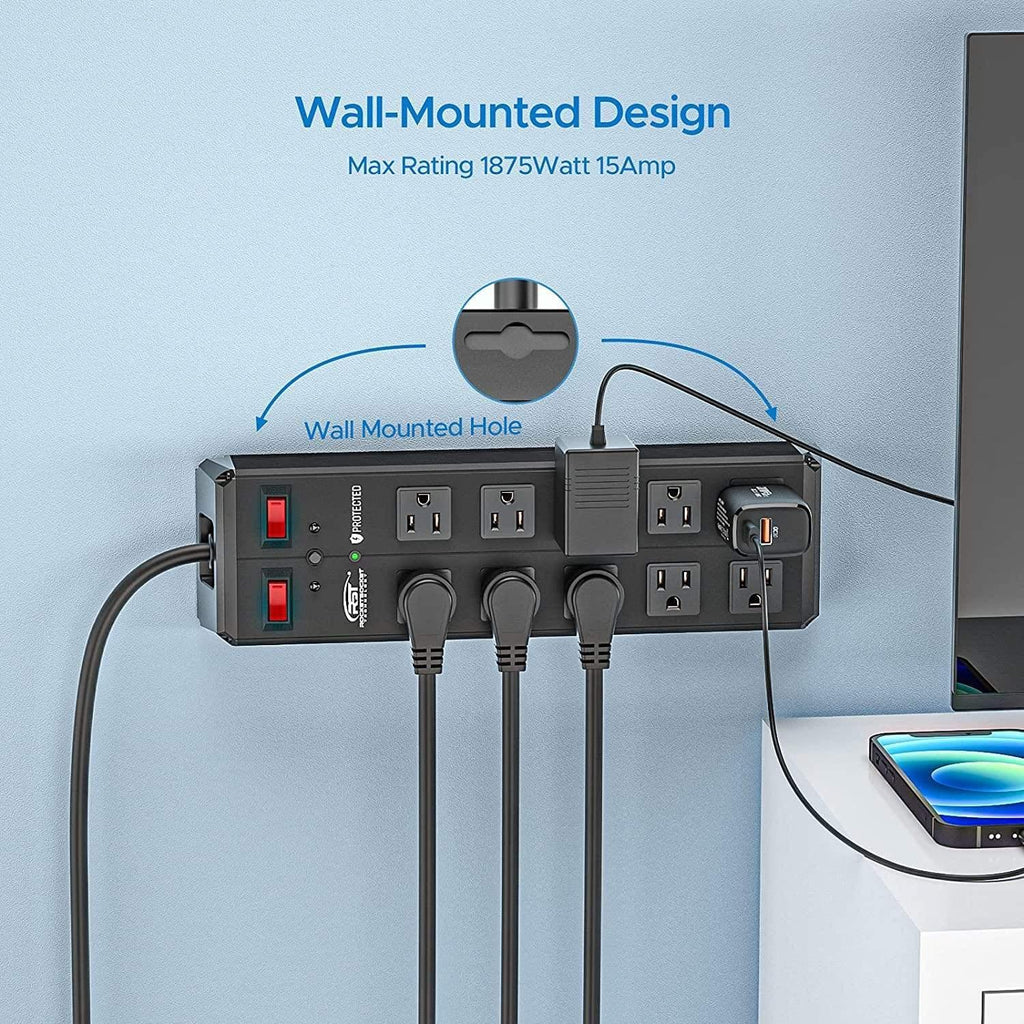 CRST 10 Outlets 1020Joules Heavy Duty Metal Power Strip Surge Protector, 9FT Flat Plug Power Cord-surge protector power strip-Grease Monkey Garage