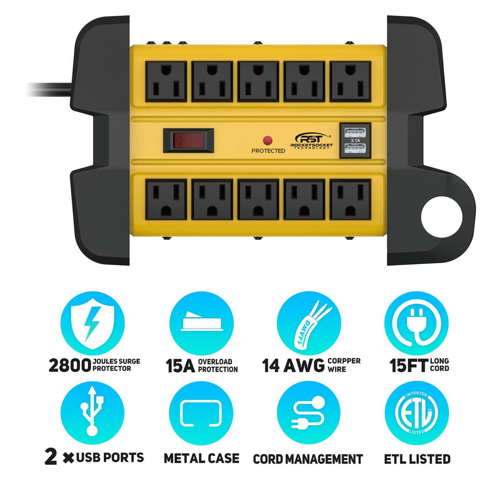 CRST 10 Outlets Dual USB Mountable Heavy Duty Metal Power Strip Surge Protector with Cord Wrapping Design, 15FT Power Cord-surge protector power strip-Grease Monkey Garage