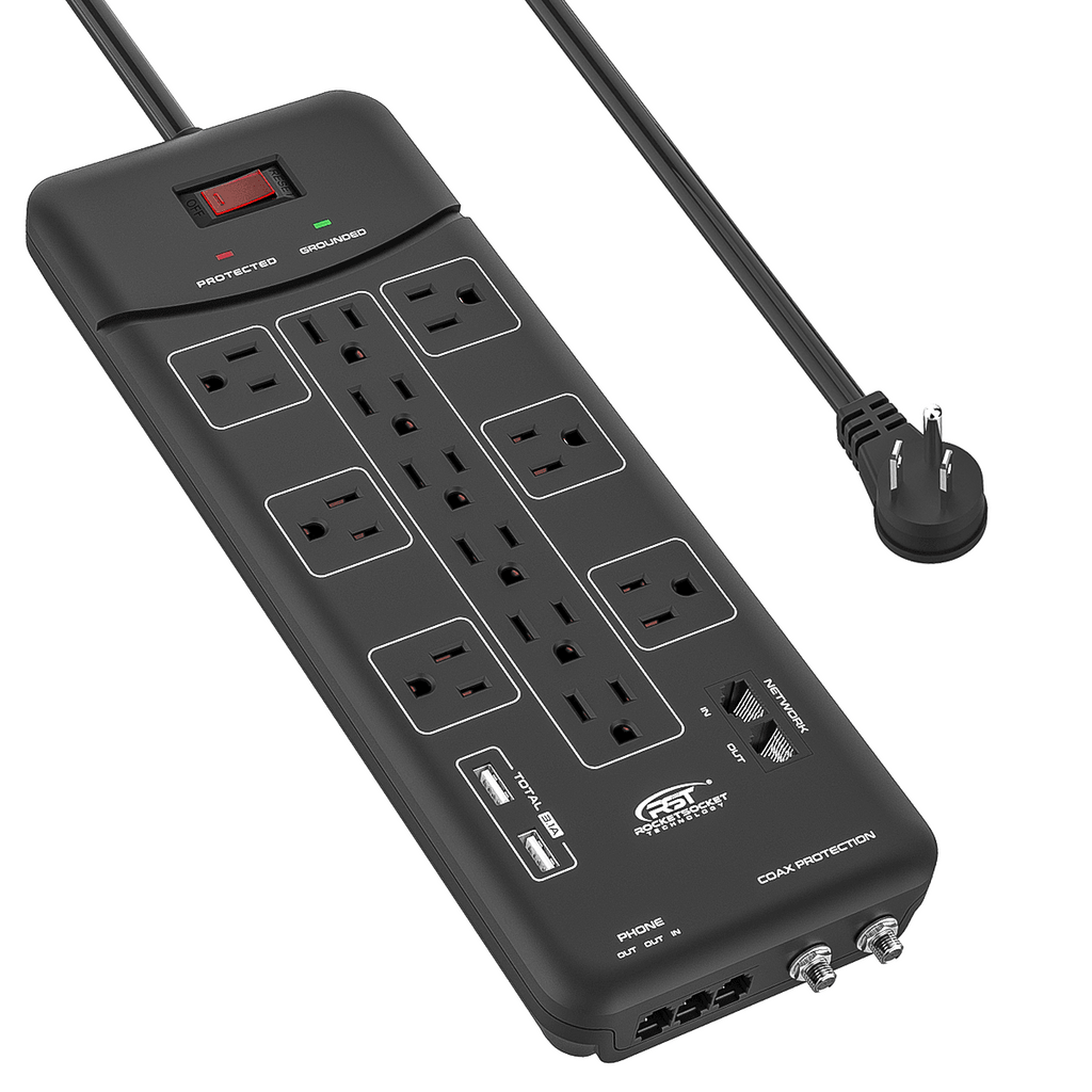 CRST 12 Outlets Built in Ethernet Coax Phone Ports Surge Protector Power Strip 6FT Extension Power Cord-surge protector power strip-Grease Monkey Garage