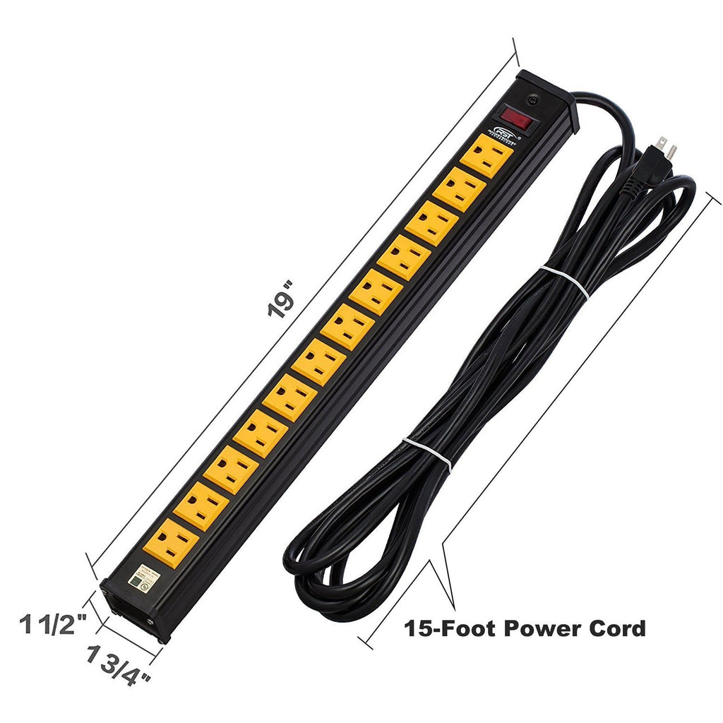 CRST 12 Outlets Heavy Duty Metal Power Strip, 15FT Extension Power Cord, UL listed-power strip-Grease Monkey Garage