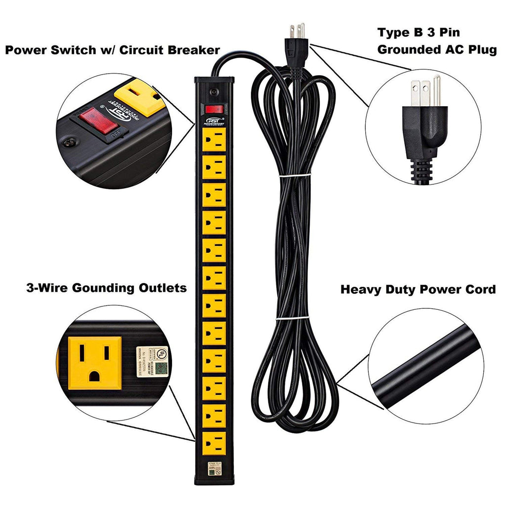 CRST 12 Outlets Heavy Duty Metal Power Strip, 15FT Extension Power Cord, UL listed-power strip-Grease Monkey Garage