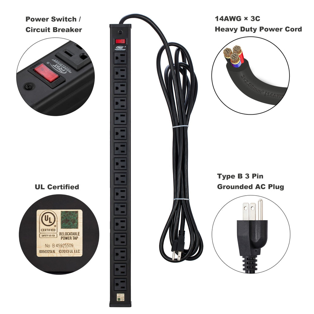 CRST 16 Outlet Heavy Duty Metal Power Strip 15FT Power Cord, UL Listed-power strip-Grease Monkey Garage
