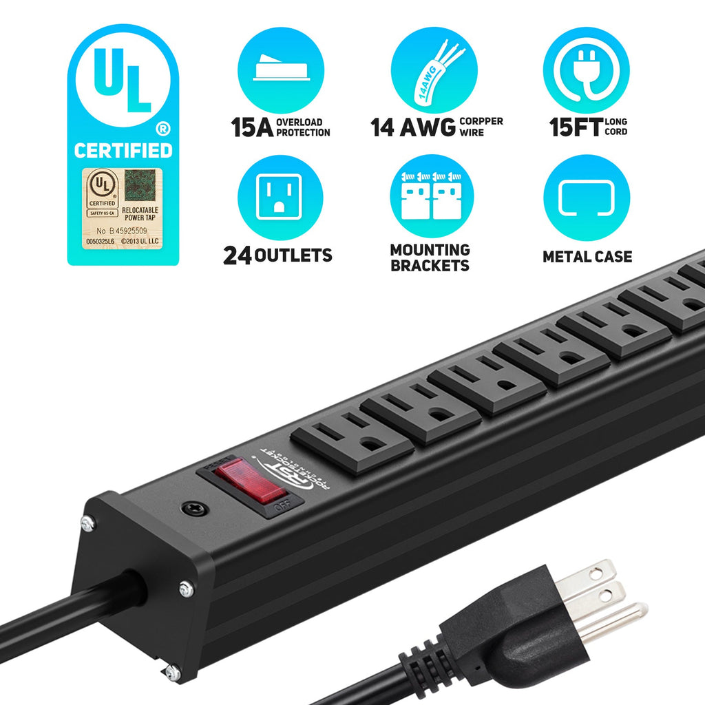 CRST 24 Outlets Heavy Duty Metal Power Strip, 15FT Power Cord, Mounting Brackets Included, UL Listed-power strip-Grease Monkey Garage