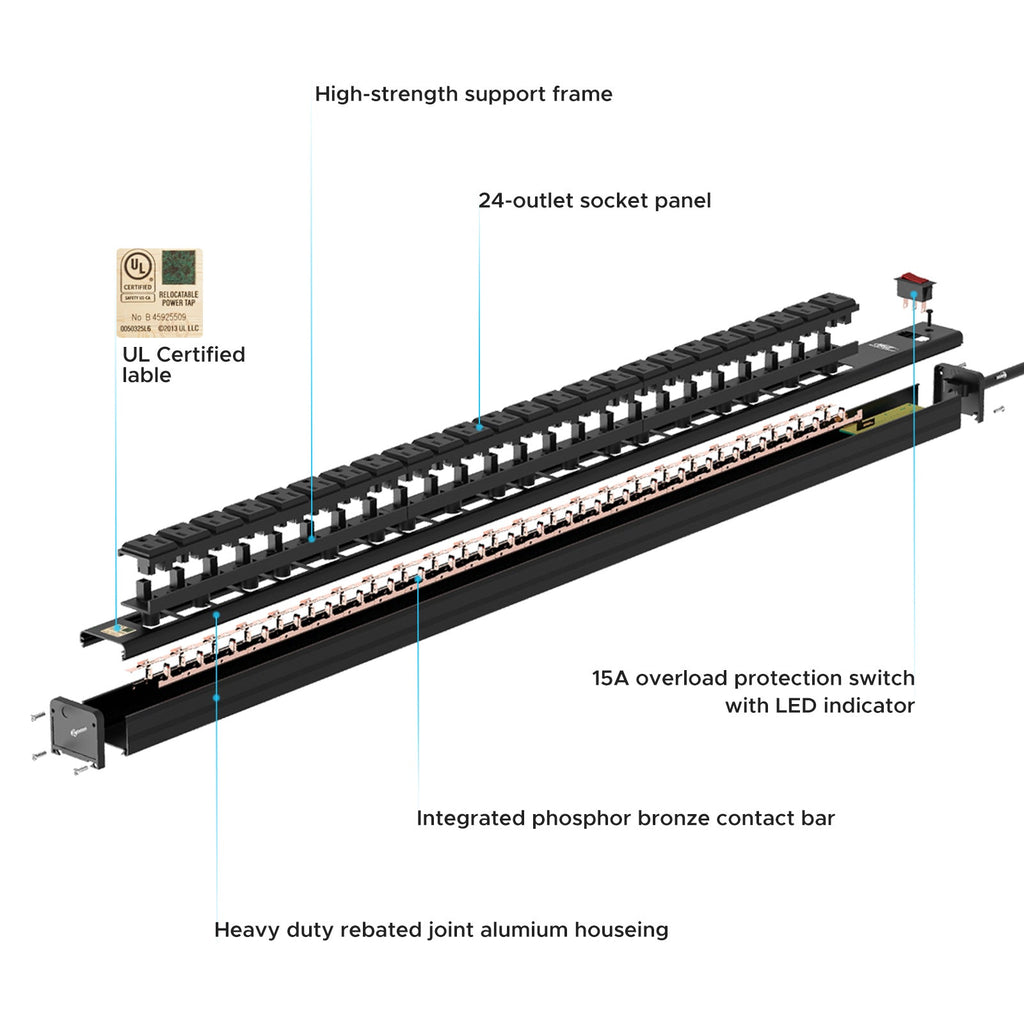 CRST 24 Outlets Heavy Duty Metal Power Strip, 15FT Power Cord, Mounting Brackets Included, UL Listed-power strip-Grease Monkey Garage