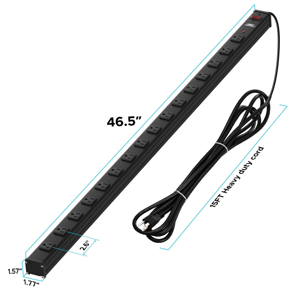 CRST 2.6" Wide Space 16 Outlets Mountable Metal Power Strip Surge Protector, 15FT Power Cord, Mounting Brackets Included-surge protector power strip-Grease Monkey Garage