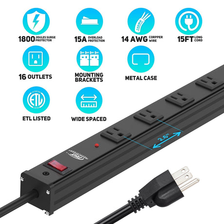 CRST 2.6" Wide Space 16 Outlets Mountable Metal Power Strip Surge Protector, 15FT Power Cord, Mounting Brackets Included-surge protector power strip-Grease Monkey Garage