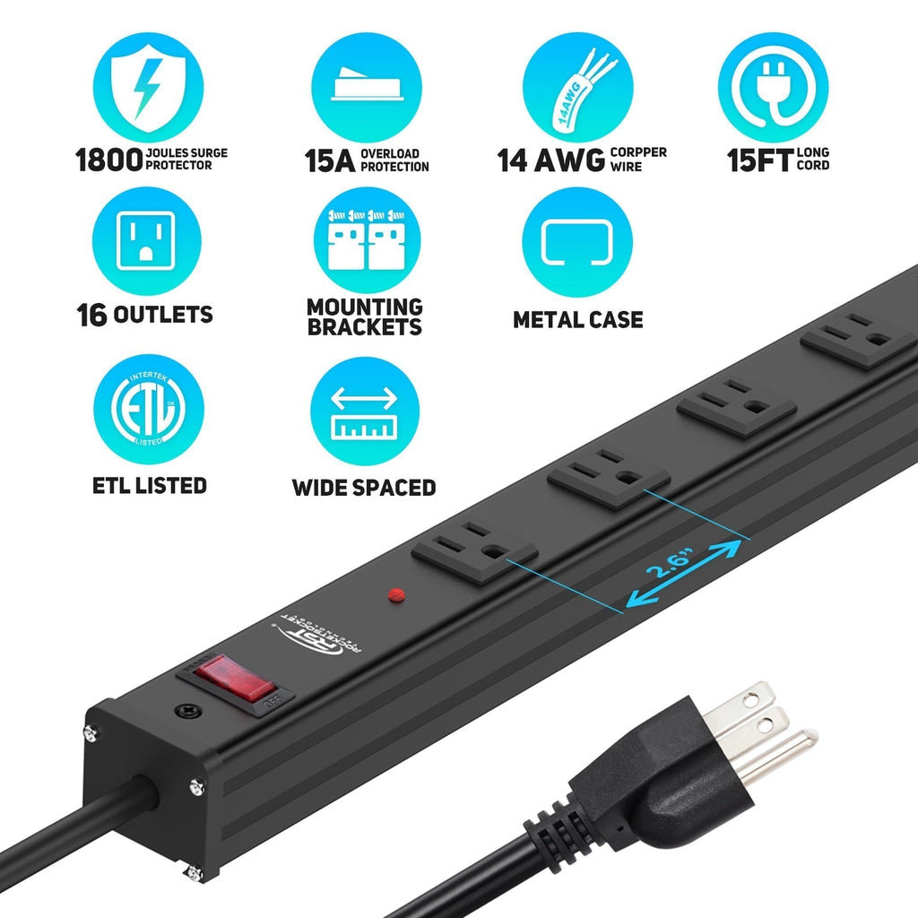 CRST 2.6" Wide Space 16 Outlets Mountable Metal Power Strip Surge Protector, 15FT Power Cord, Mounting Brackets Included-surge protector power strip-Grease Monkey Garage