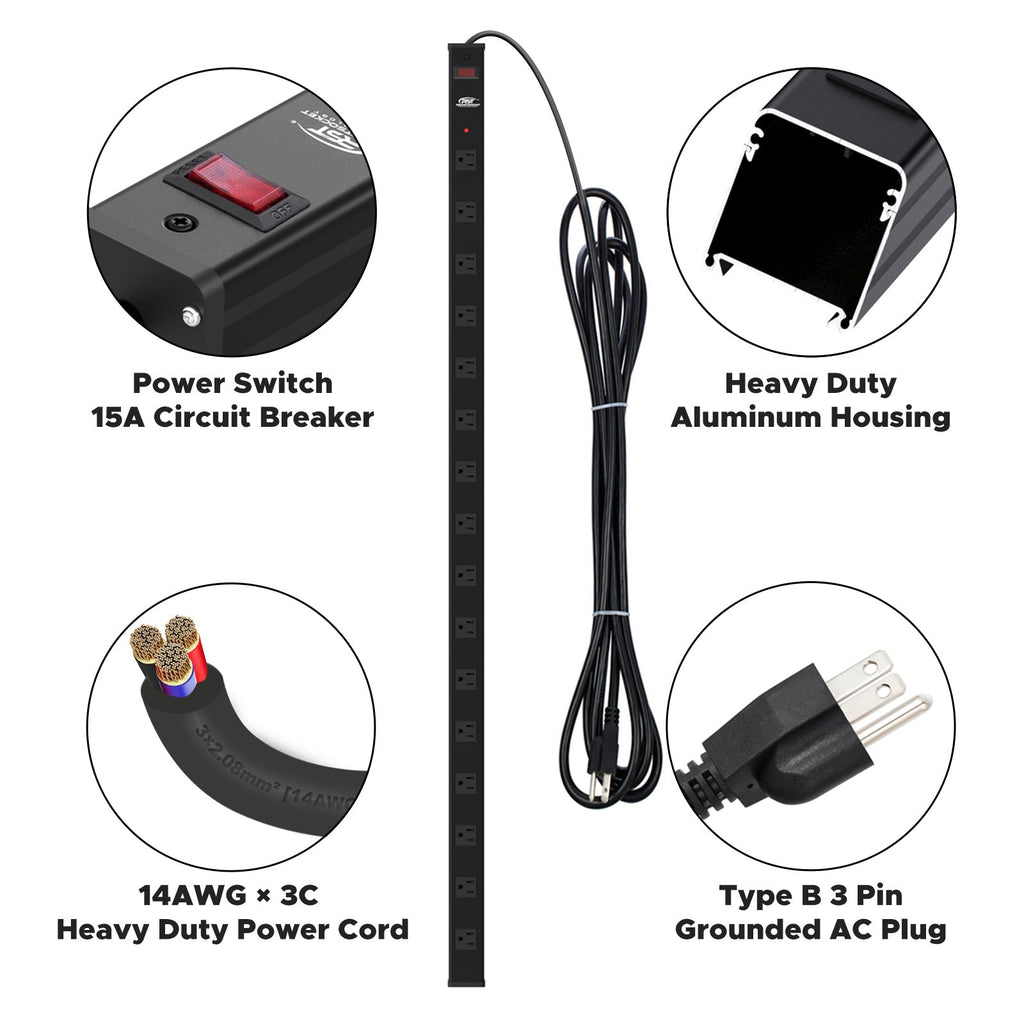 CRST 2.6" Wide Space 16 Outlets Mountable Metal Power Strip Surge Protector, 15FT Power Cord, Mounting Brackets Included-surge protector power strip-Grease Monkey Garage