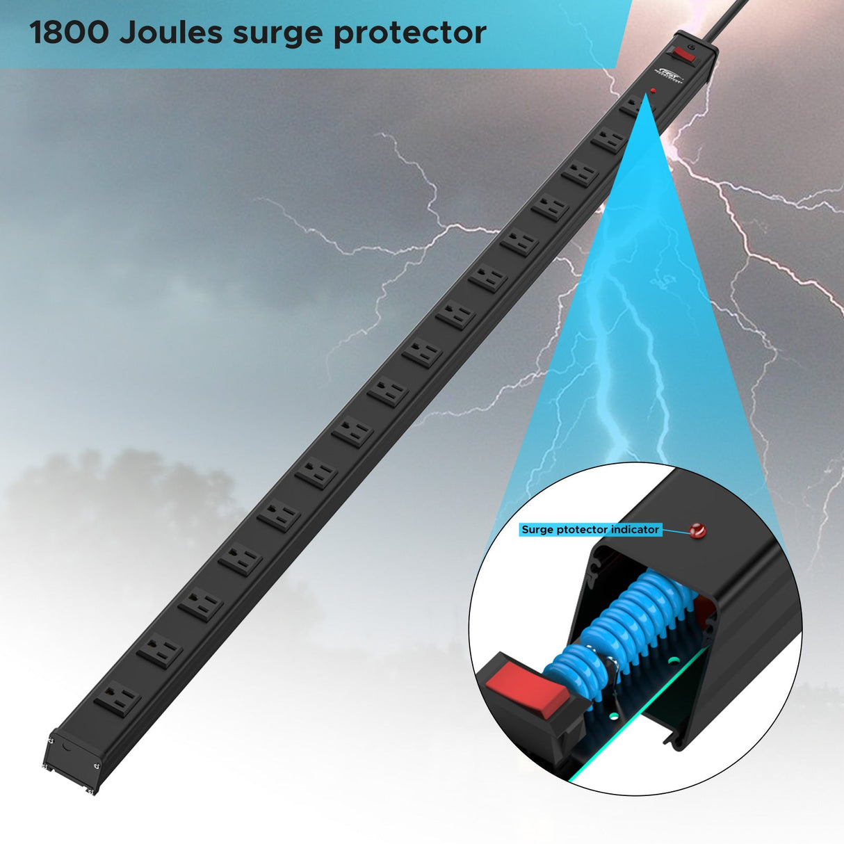 CRST 2.6" Wide Space 16 Outlets Mountable Metal Power Strip Surge Protector, 15FT Power Cord, Mounting Brackets Included-surge protector power strip-Grease Monkey Garage