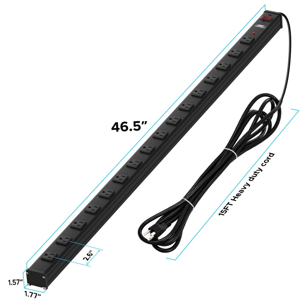CRST 2.6" Wide Space 16 Outlets Mountable Metal Power Strip Surge Protector, 15FT Power Cord, Mounting Brackets Included-surge protector power strip-Grease Monkey Garage