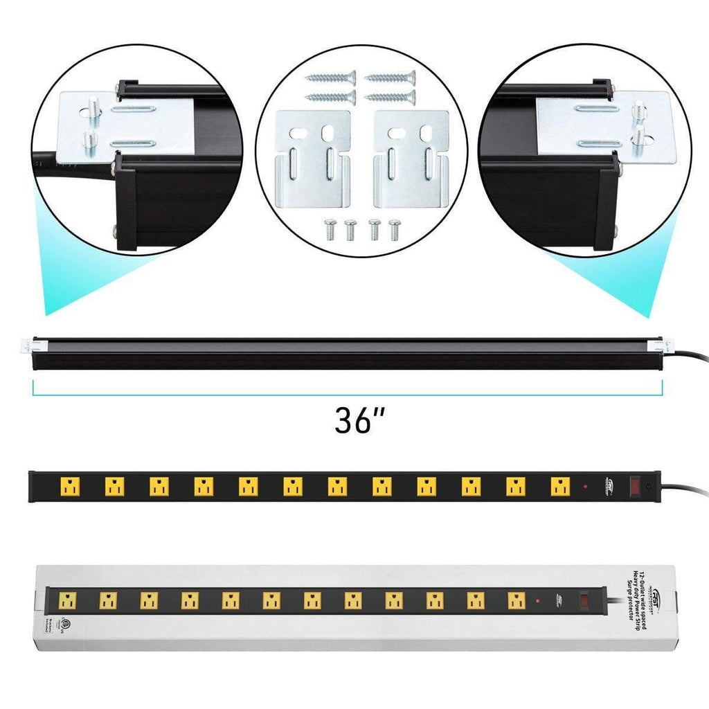 CRST 2.6" Wide Spaced 12 Outlets Mountable Metal Power Strip Surge Protector, Optional 6FT or 15FT Power Cord, Mounting Brackets included-power strip-Grease Monkey Garage