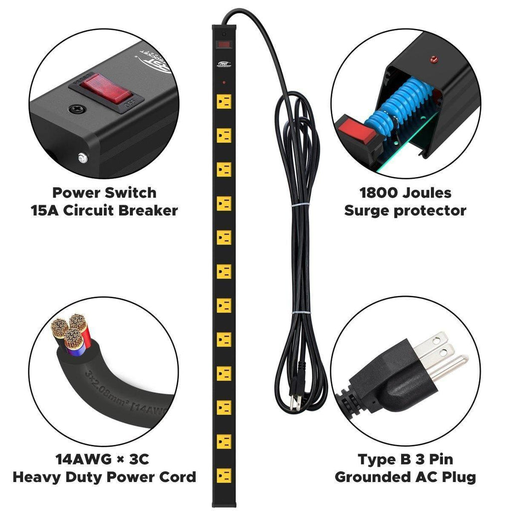 CRST 2.6" Wide Spaced 12 Outlets Mountable Metal Power Strip Surge Protector, Optional 6FT or 15FT Power Cord, Mounting Brackets included-power strip-Grease Monkey Garage
