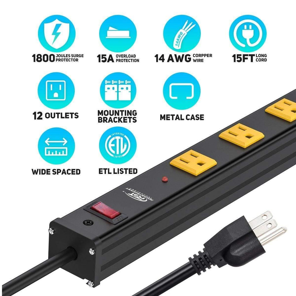 CRST 2.6" Wide Spaced 12 Outlets Mountable Metal Power Strip Surge Protector, Optional 6FT or 15FT Power Cord, Mounting Brackets included-power strip-Grease Monkey Garage