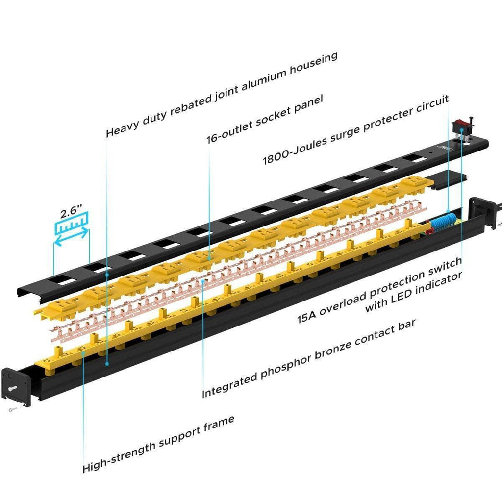 CRST 2.6" Wide Spaced 12 Outlets Mountable Metal Power Strip Surge Protector, Optional 6FT or 15FT Power Cord, Mounting Brackets included-power strip-Grease Monkey Garage
