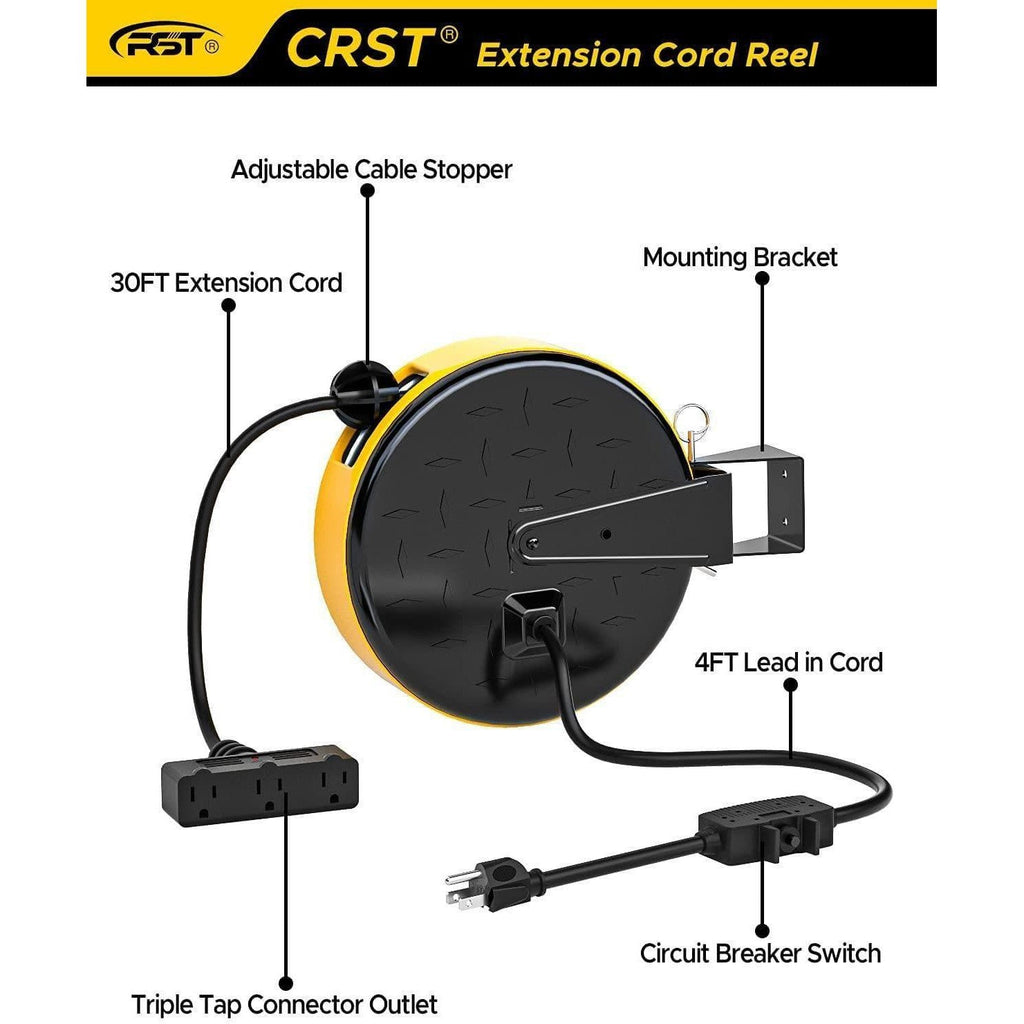 CRST 30FT Retractable Extension Power Cord Reel with Triple Taps, UL Listed-extension cord-Grease Monkey Garage