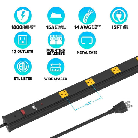 CRST 4.2" Wide Spaced 12 Outlets Mountable Metal Power Strip Surge Protector, 15FT Power Cord, Mounting Brackets Included-surge protector power strip-Grease Monkey Garage