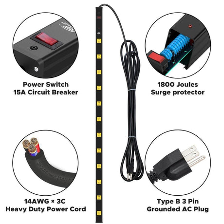 CRST 4.2" Wide Spaced 12 Outlets Mountable Metal Power Strip Surge Protector, 15FT Power Cord, Mounting Brackets Included-surge protector power strip-Grease Monkey Garage