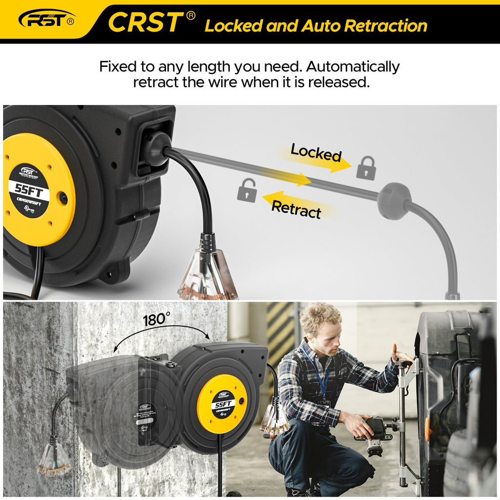CRST 55FT Retractable Extension Power Cord Reel with Mounting Kits, Lighted 3 Outlets Tap, UL Listed-Extension Cords-Grease Monkey Garage