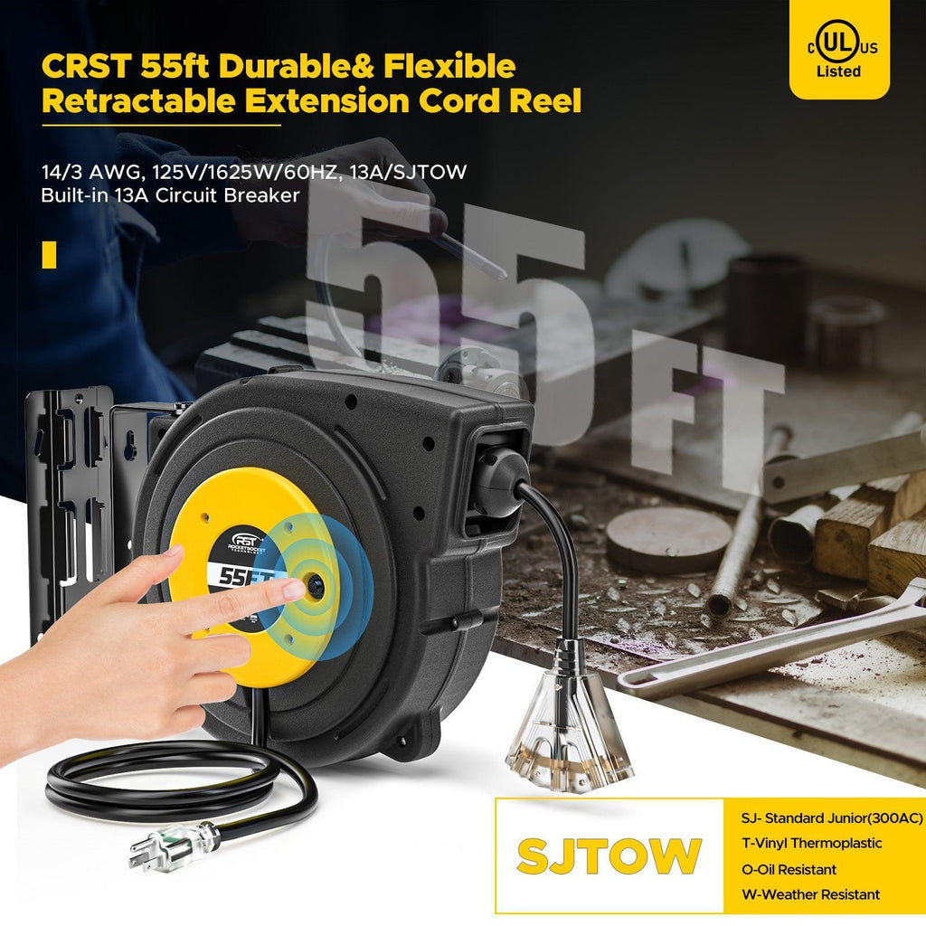 CRST 55FT Retractable Extension Power Cord Reel with Mounting Kits, Lighted 3 Outlets Tap, UL Listed-Extension Cords-Grease Monkey Garage