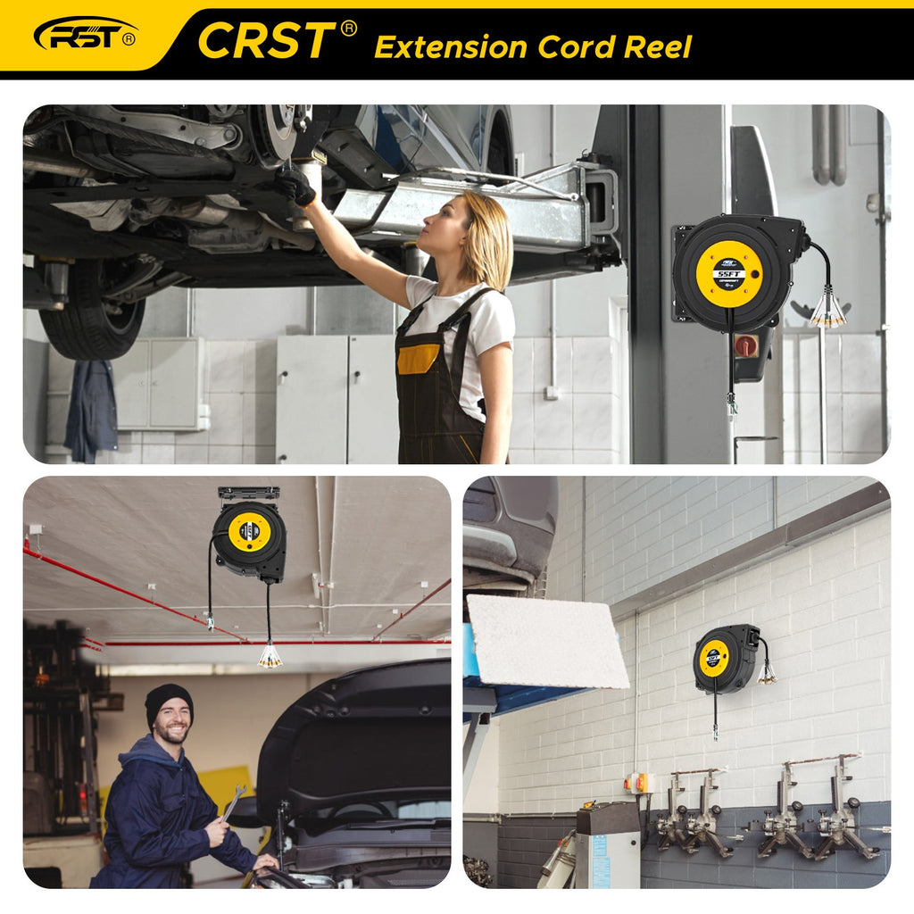 CRST 55FT Retractable Extension Power Cord Reel with Mounting Kits, Lighted 3 Outlets Tap, UL Listed-Extension Cords-Grease Monkey Garage