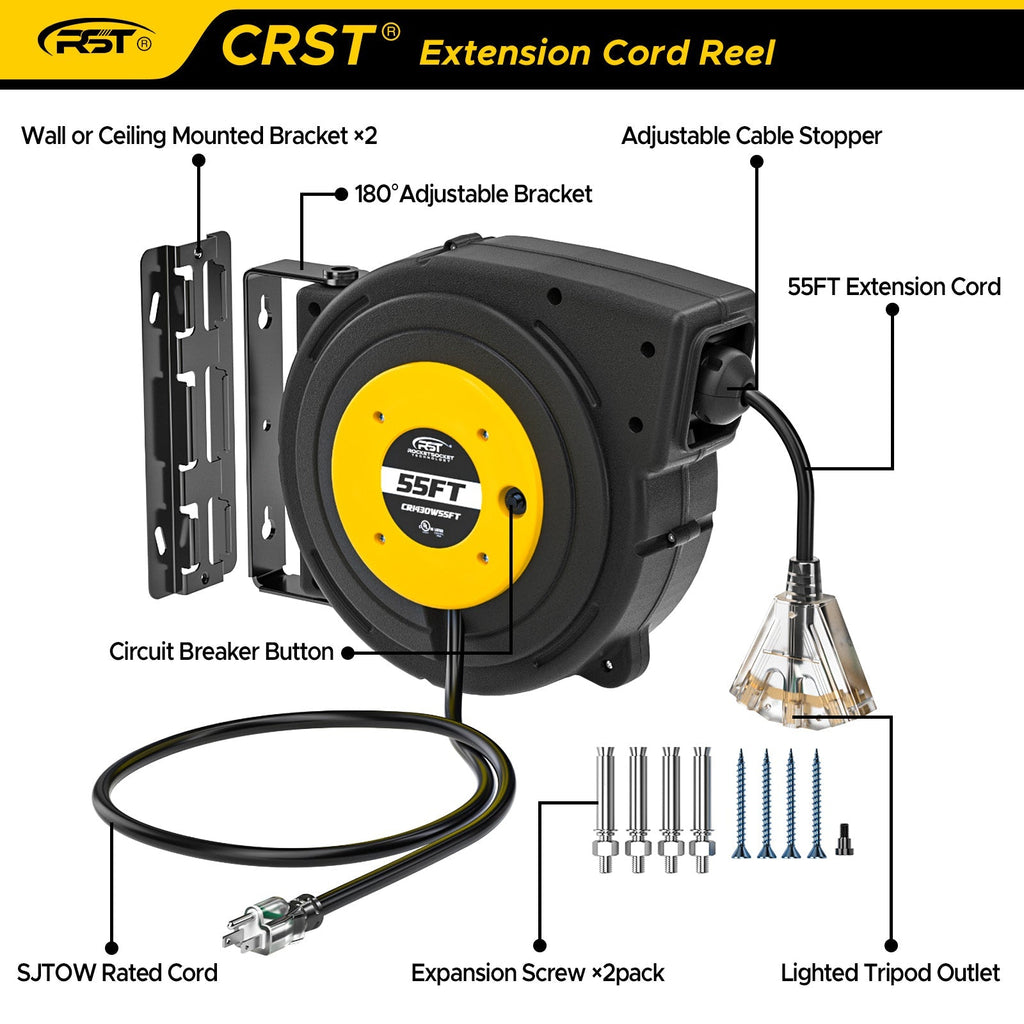 CRST 55FT Retractable Extension Power Cord Reel with Mounting Kits, Lighted 3 Outlets Tap, UL Listed-Extension Cords-Grease Monkey Garage