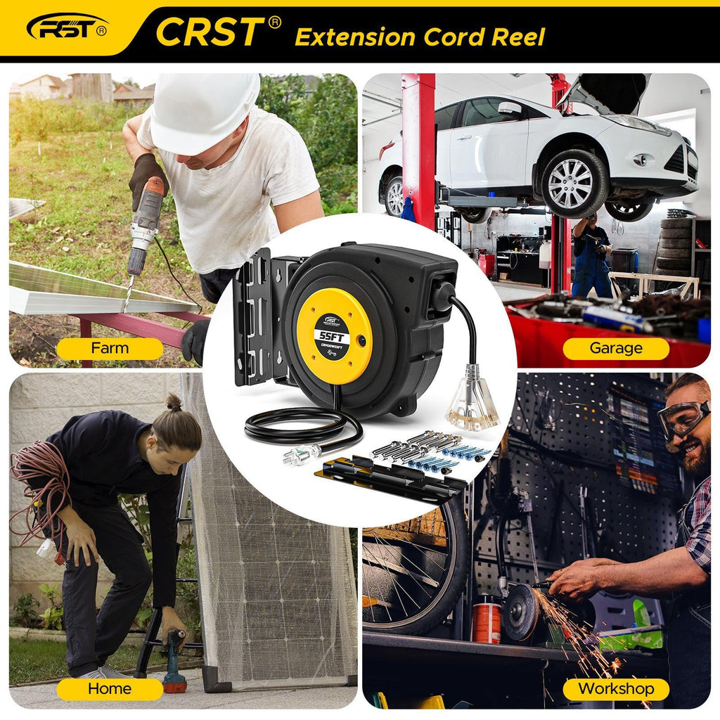 CRST 55FT Retractable Extension Power Cord Reel with Mounting Kits, Lighted 3 Outlets Tap, UL Listed-Extension Cords-Grease Monkey Garage