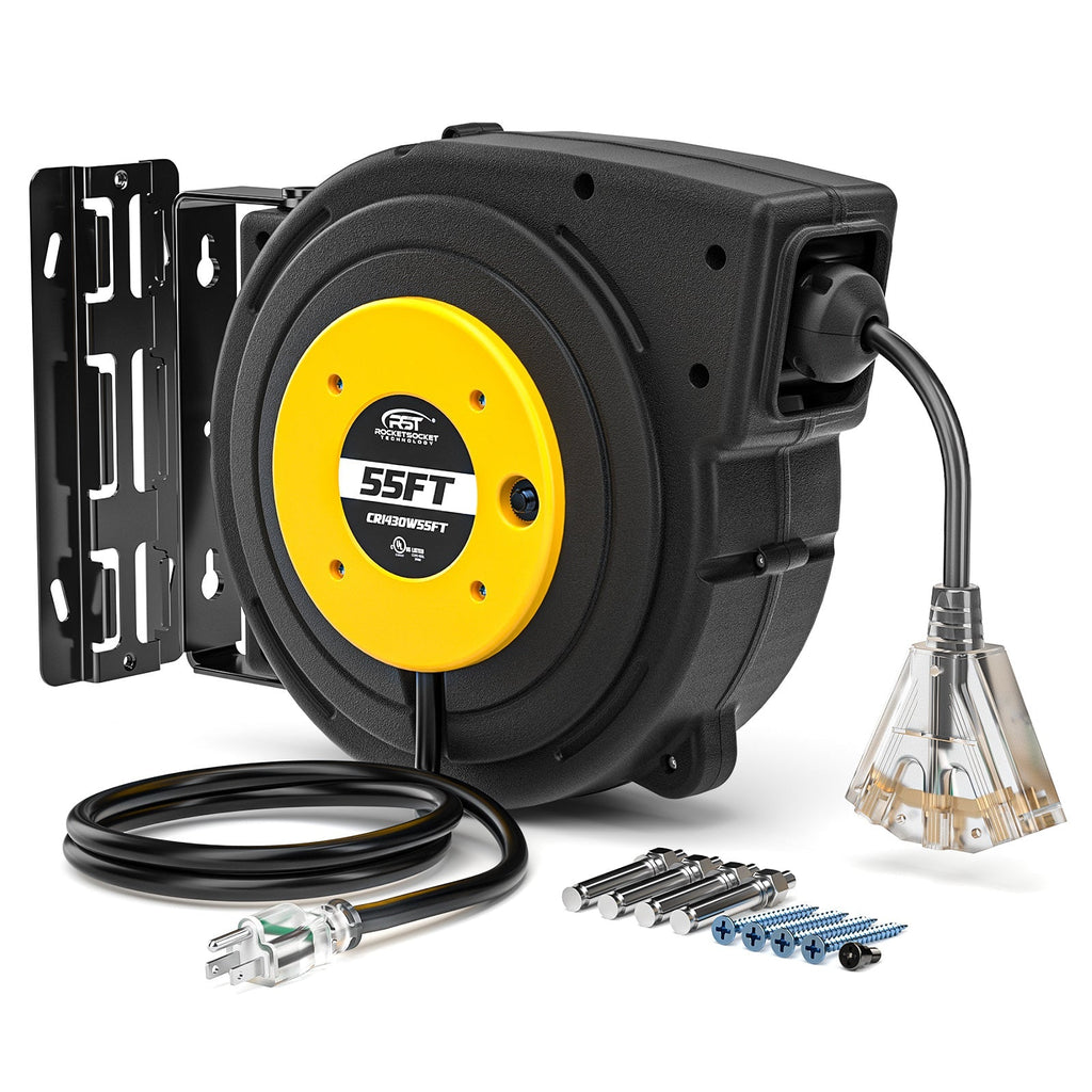 CRST 55FT Retractable Extension Power Cord Reel with Mounting Kits, Lighted 3 Outlets Tap, UL Listed-Extension Cords-Grease Monkey Garage