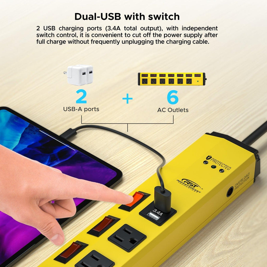 CRST 6 Outlets Dural USB Individual Switches Metal Power Strip Surge Protector, 6FT Flat Plug Power Cord-power strip-Grease Monkey Garage