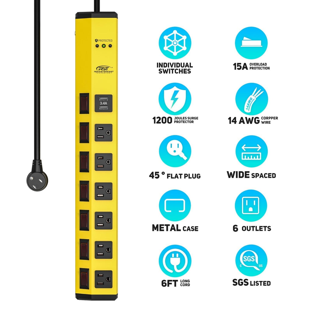 CRST 6 Outlets Dural USB Individual Switches Metal Power Strip Surge Protector, 6FT Flat Plug Power Cord-power strip-Grease Monkey Garage