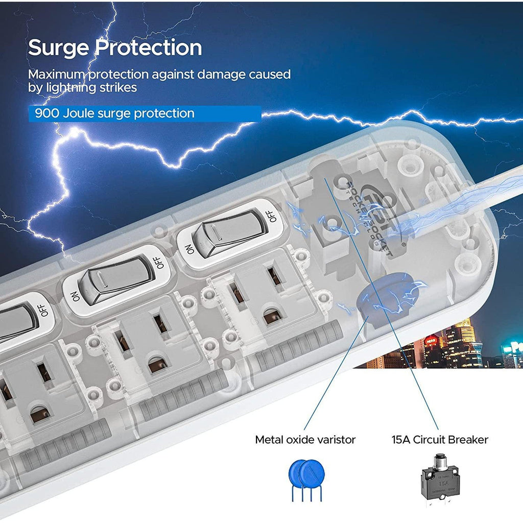 CRST 6 Outlets Individual Switch Surge Protector Power Strip with Slidable Shock Protection, 6FT Flat Plug Power Cord-surge protector power strip-Grease Monkey Garage