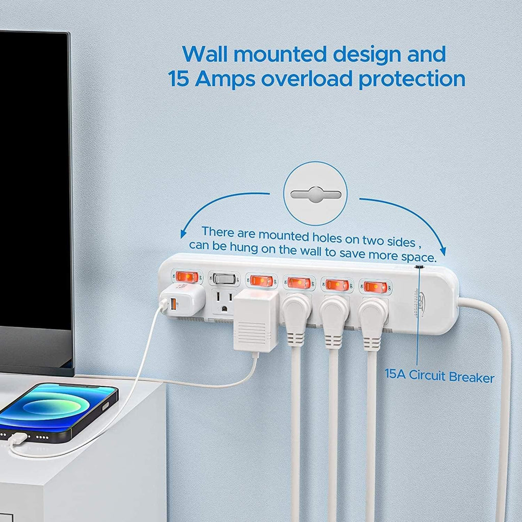 CRST 6 Outlets Individual Switch Surge Protector Power Strip with Slidable Shock Protection, 6FT Flat Plug Power Cord-surge protector power strip-Grease Monkey Garage