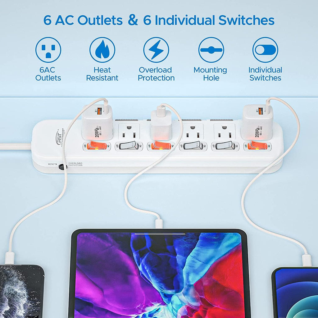 CRST 6 Outlets Individual Switch Surge Protector Power Strip with Slidable Shock Protection, 6FT Flat Plug Power Cord-surge protector power strip-Grease Monkey Garage