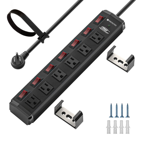 CRST 6 Outlets Individual Switches Mountable Metal Power Strip Surge Protector, 6FT Flat Plug Power Cord, Optional 3 Colors-surge protector power strip-Grease Monkey Garage