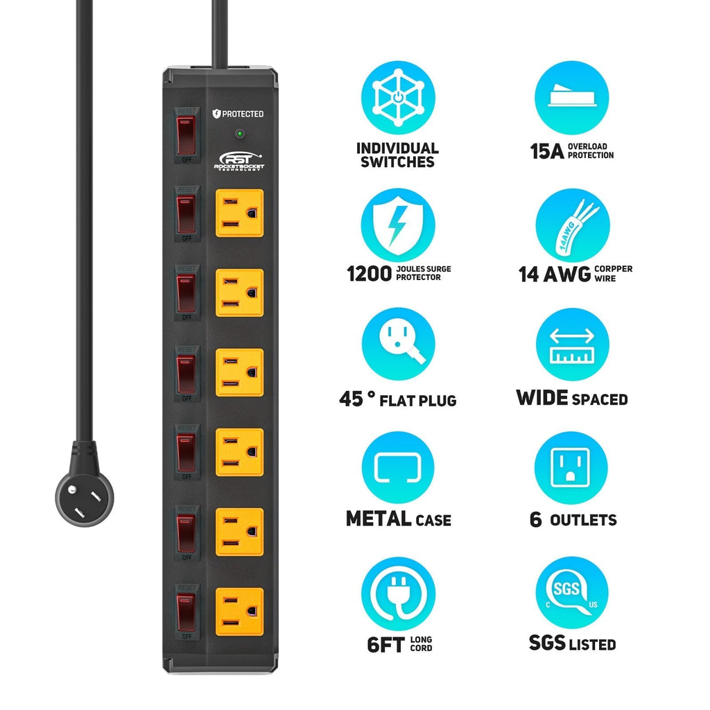 CRST 6 Outlets Individual Switches Mountable Metal Power Strip Surge Protector, 6FT Flat Plug Power Cord, Optional 3 Colors-surge protector power strip-Grease Monkey Garage