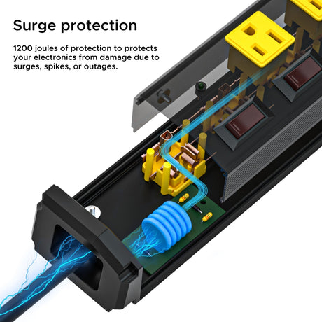 CRST 6 Outlets Individual Switches Mountable Metal Power Strip Surge Protector, 6FT Flat Plug Power Cord, Optional 3 Colors-surge protector power strip-Grease Monkey Garage