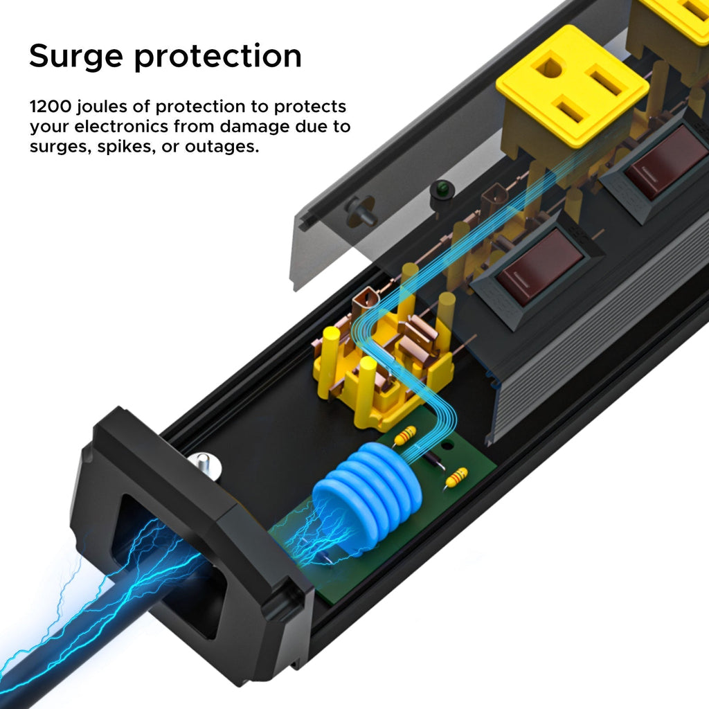 CRST 6 Outlets Individual Switches Mountable Metal Power Strip Surge Protector, 6FT Flat Plug Power Cord, Optional 3 Colors-surge protector power strip-Grease Monkey Garage