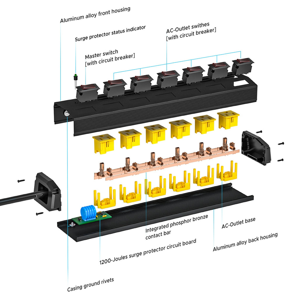 CRST 6 Outlets Individual Switches Mountable Metal Power Strip Surge Protector, 6FT Flat Plug Power Cord, Optional 3 Colors-surge protector power strip-Grease Monkey Garage