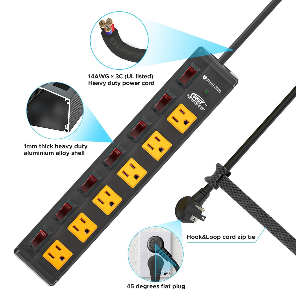 CRST 6 Outlets Individual Switches Mountable Metal Power Strip Surge Protector, 6FT Flat Plug Power Cord, Optional 3 Colors-surge protector power strip-Grease Monkey Garage