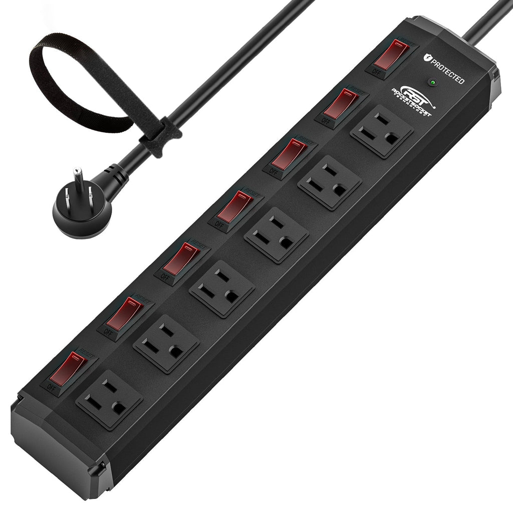 CRST 6 Outlets Individual Switches Mountable Metal Power Strip Surge Protector, 6FT Flat Plug Power Cord, Optional 3 Colors-surge protector power strip-Grease Monkey Garage
