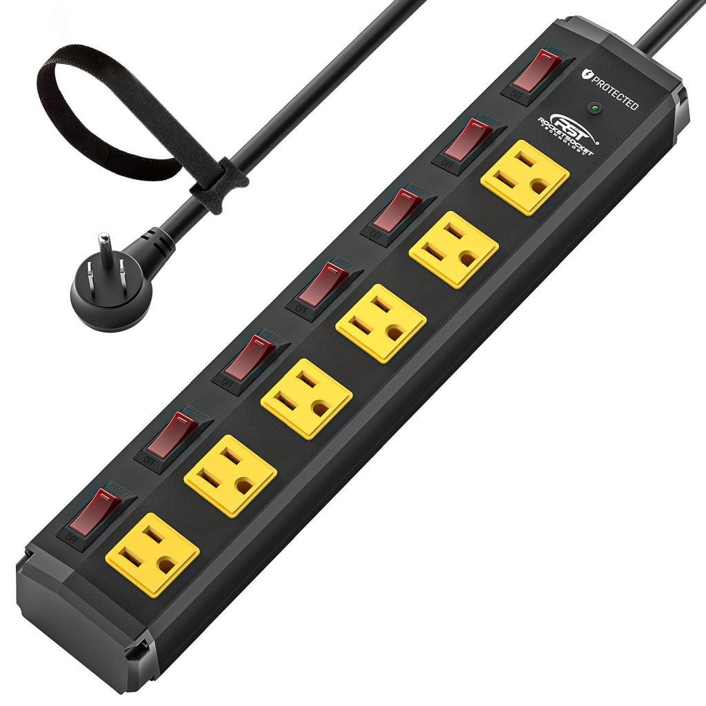 CRST 6 Outlets Individual Switches Mountable Metal Power Strip Surge Protector, 6FT Flat Plug Power Cord, Optional 3 Colors-surge protector power strip-Grease Monkey Garage