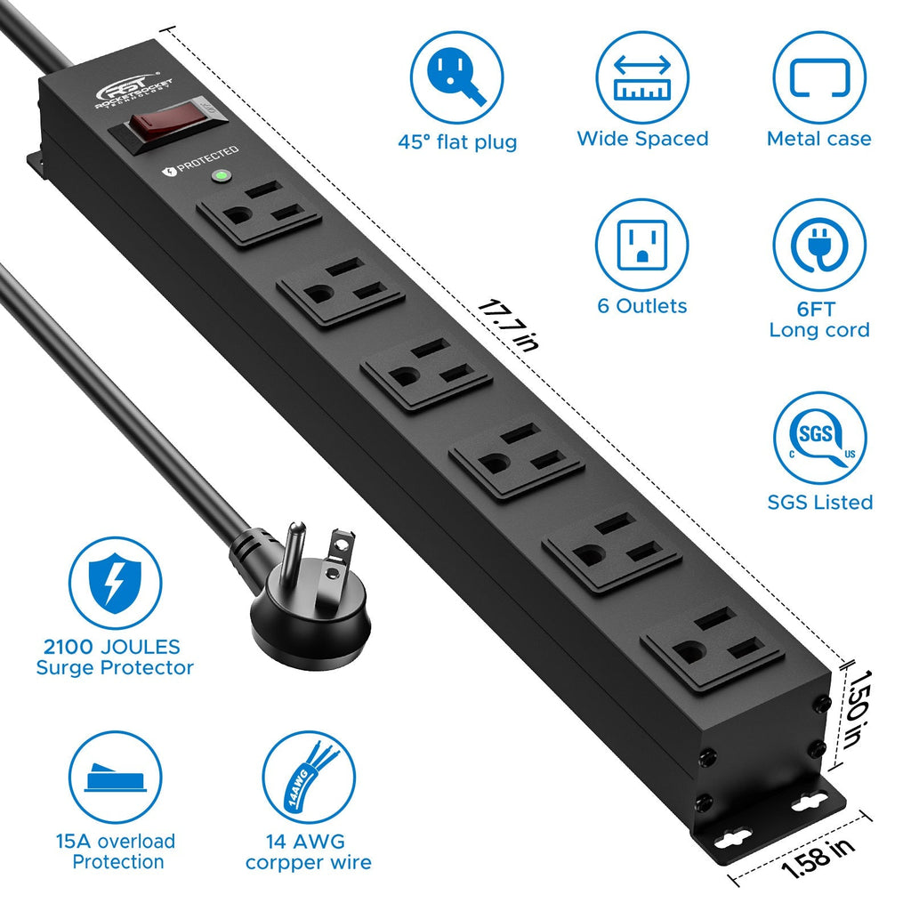 CRST 6 Outlets Wide Spaced Mountable Metal Power Strip Surge Protector, 6FT Flat Plug Power Cord, Mounting Kits Included-Surge protector Power strip-Grease Monkey Garage