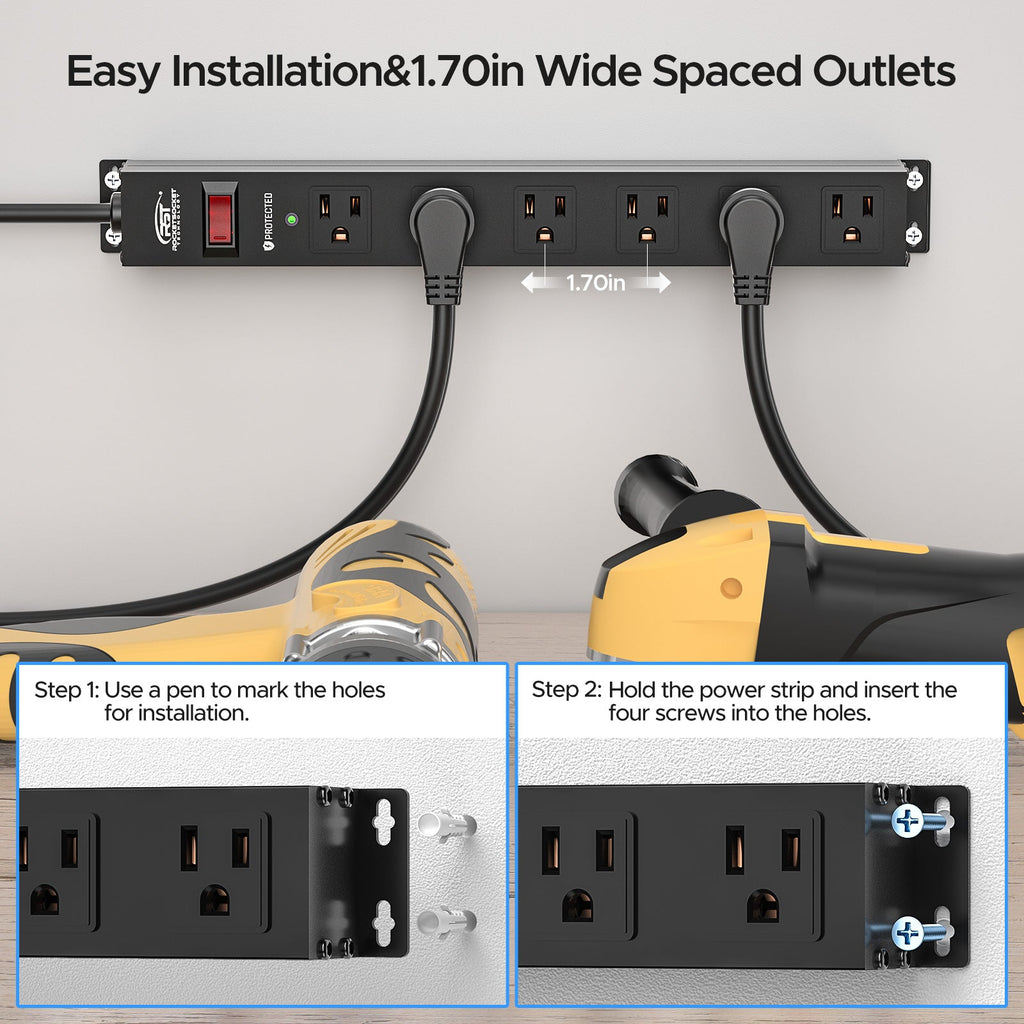 CRST 6 Outlets Wide Spaced Mountable Metal Power Strip Surge Protector, 6FT Flat Plug Power Cord, Mounting Kits Included-Surge protector Power strip-Grease Monkey Garage