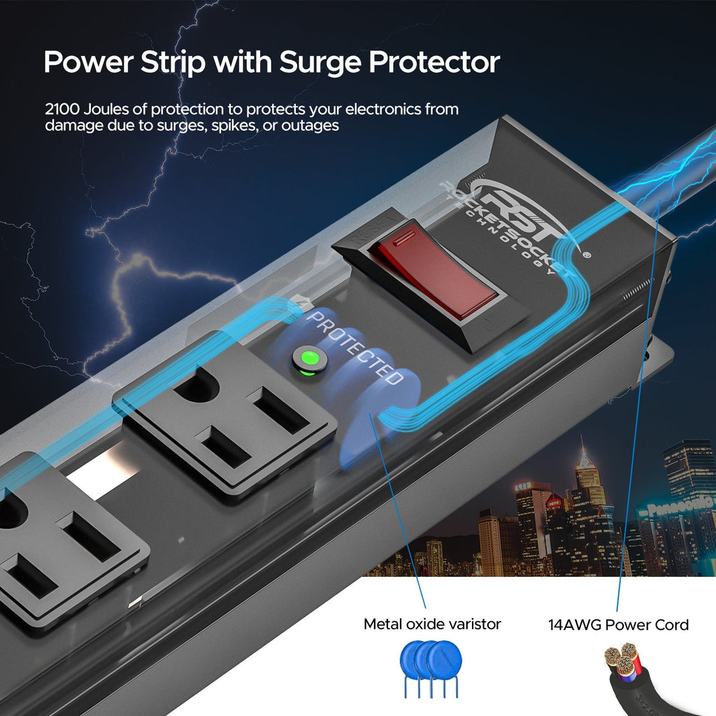 CRST 6 Outlets Wide Spaced Mountable Metal Power Strip Surge Protector, 6FT Flat Plug Power Cord, Mounting Kits Included-Surge protector Power strip-Grease Monkey Garage