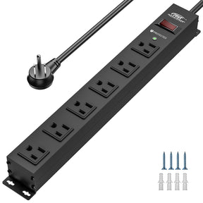 CRST 6 Outlets Wide Spaced Mountable Metal Power Strip Surge Protector, 6FT Flat Plug Power Cord, Mounting Kits Included-Surge protector Power strip-Grease Monkey Garage