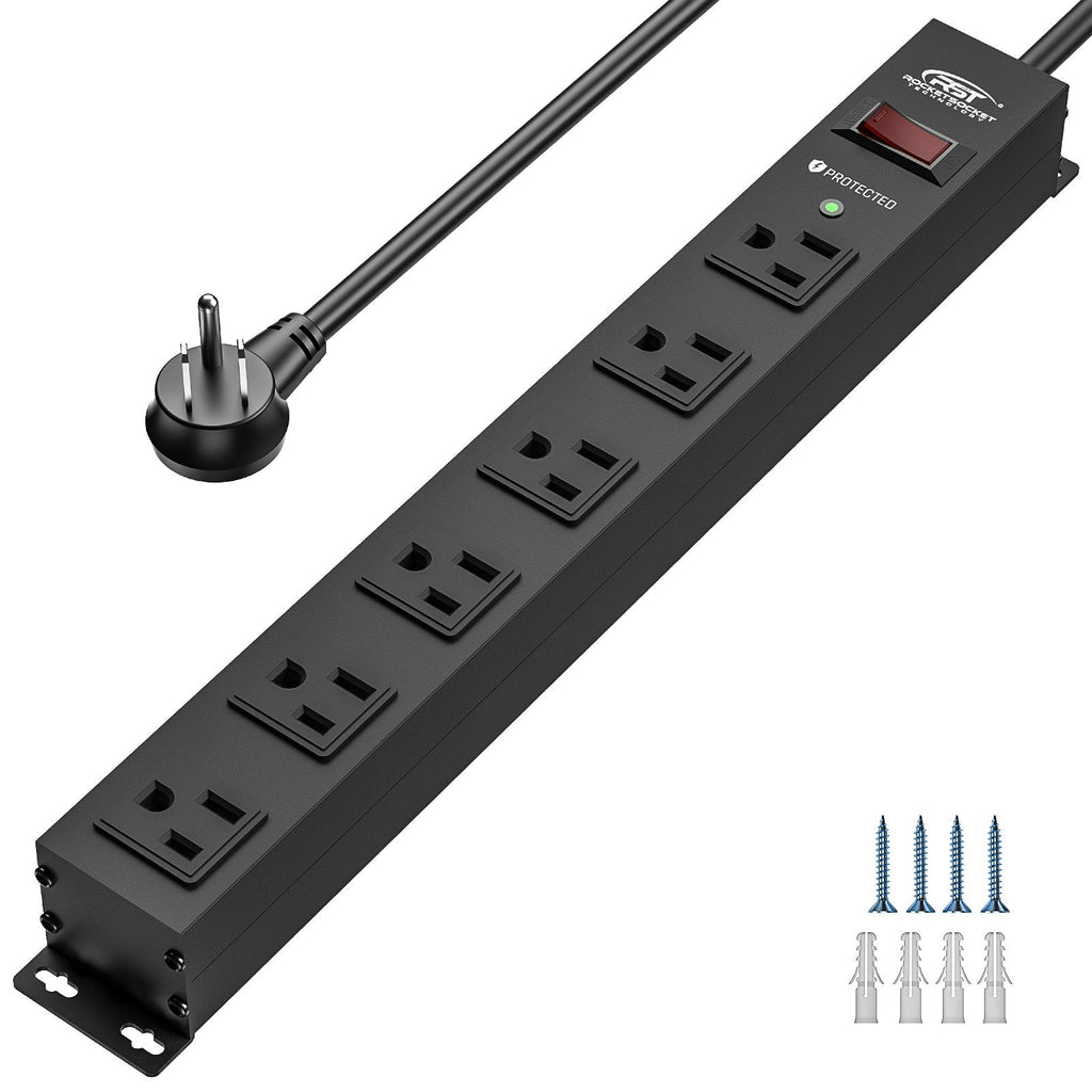 CRST 6 Outlets Wide Spaced Mountable Metal Power Strip Surge Protector, 6FT Flat Plug Power Cord, Mounting Kits Included-Surge protector Power strip-Grease Monkey Garage