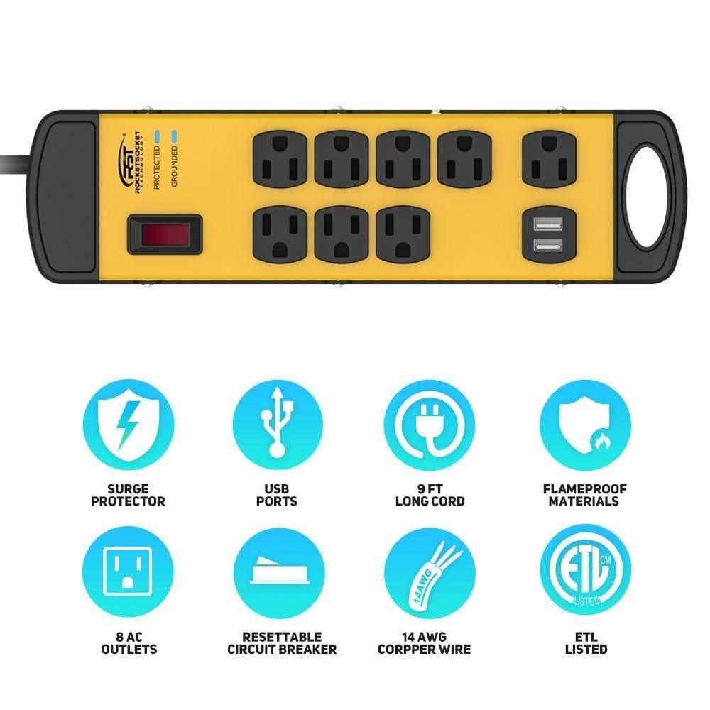 CRST 8 Outlets Dural USB Mountable Metal Power Strip Surge Protector W/ Cord Wrapping Design, 9FT Power Cord-surge protector power strip-Grease Monkey Garage