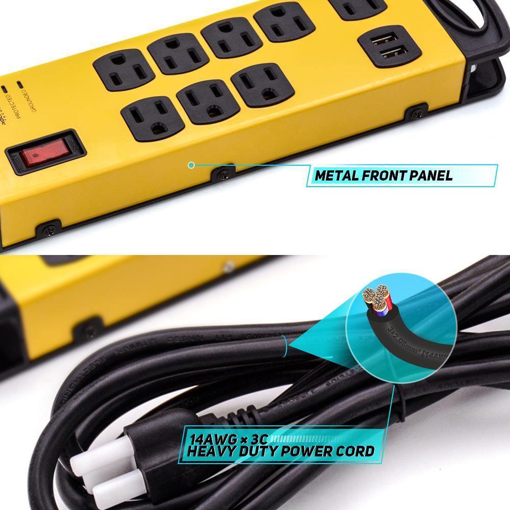 CRST 8 Outlets Dural USB Mountable Metal Power Strip Surge Protector W/ Cord Wrapping Design, 9FT Power Cord-surge protector power strip-Grease Monkey Garage