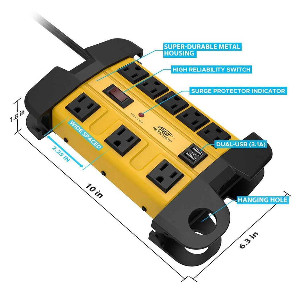 CRST 8 Outlets Dural USB Mountable Metal Power Strip Surge Protector with Cord Wrapping Design, Optional 15FT or 6FT Power Cord-Surge protector Power strip-Grease Monkey Garage