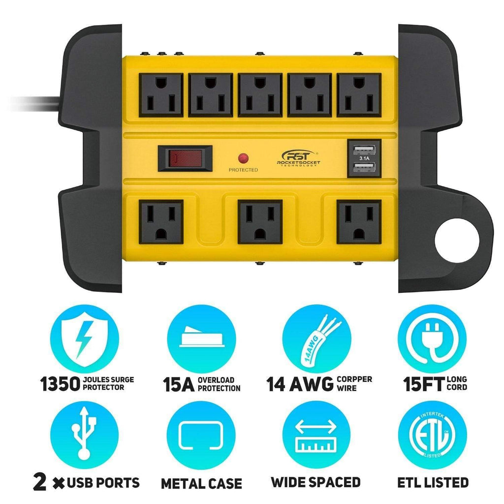 CRST 8 Outlets Dural USB Mountable Metal Power Strip Surge Protector with Cord Wrapping Design, Optional 15FT or 6FT Power Cord-Surge protector Power strip-Grease Monkey Garage